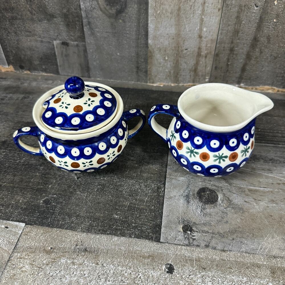 Vintage Boleslawiec Polish Pottery Mosquito Pattern Cream‎ And Sugar